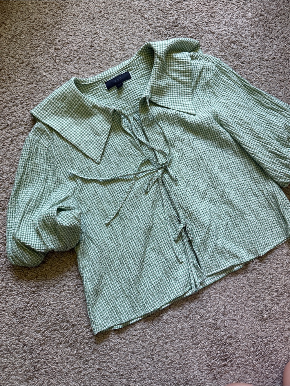 Zara Green and White Gingham Seersucker Tie Blouse